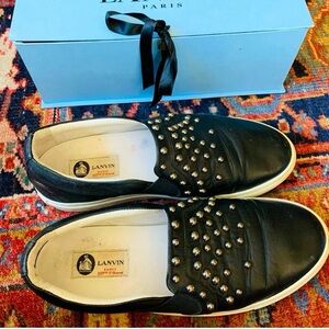 Lanvin unisex slip on sneakers black leather silver metal studs